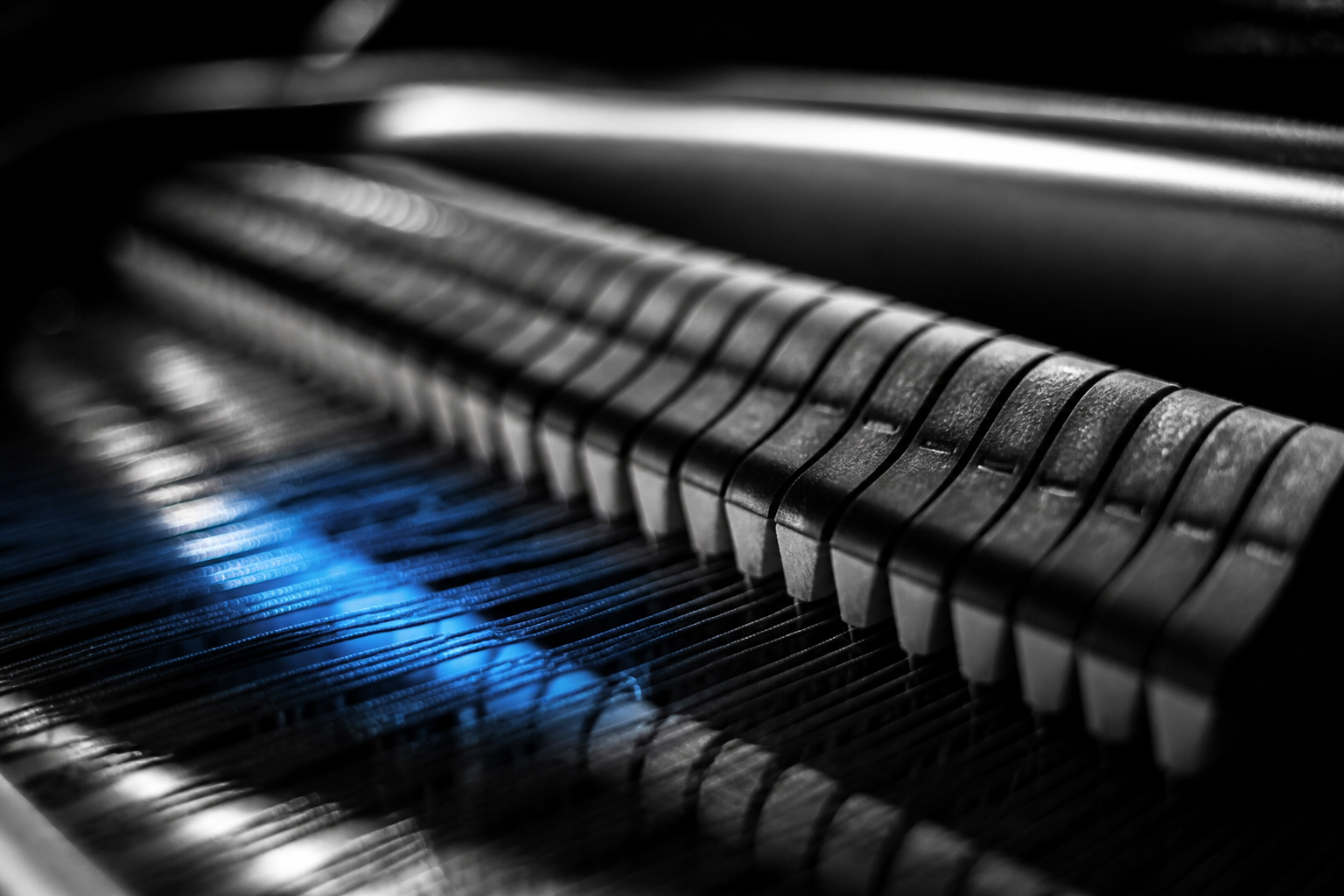 Close-up of piano hammers and strings in cool studio light