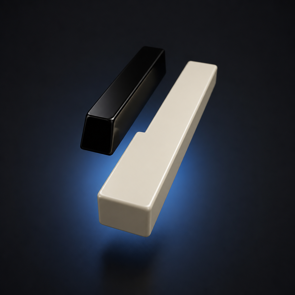 Ivory and ebony piano keys floating in soft blue light